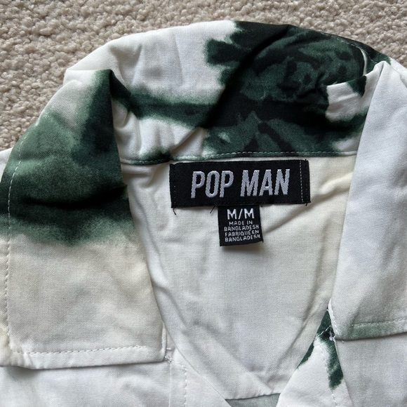 Pop Man Men's Short Sleeve Button Up Shirt Palm Tree Beach Print Green Cream M - Picture 3 of 9